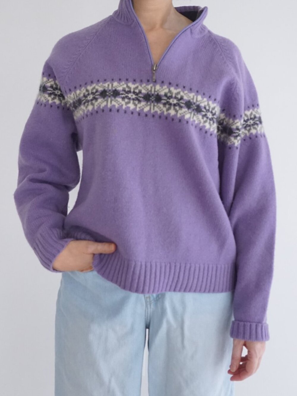 Vintage Woolrich Purple Snowflake Fair Isle Quarter Zip Preppy Sweater M